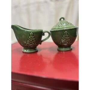 CRACKER BARREL Green  Ceramic CHRISTMAS Set Creamer‎ And Sugar Bowl With Lid